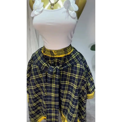 2026 Summer Women Plaid Midi Skirt High Waist Elastic Waist Tie Wrap Irregular Asymmetrical A-line Skirt Vintage Tartan Skirt