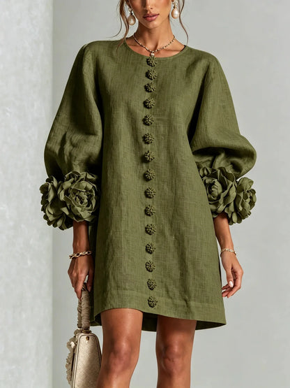 Women Linen Mini Dress O Neck Puff Long Sleeve 3D Flower Cuff Decor Flower Button Loose Casual Short Dresses for Party Vacation