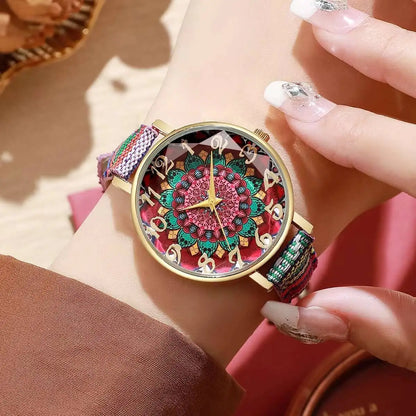 1/2/3/5PCS Fashion Women Watches Vintage Flowers Printed PU Strap Quartz Watch Reloj Mujer（Without Box）