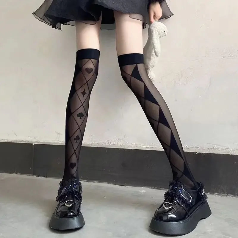 Sweet Lolita Leggings Japanese Girl's Bow Cross Tie White High Stockings JK Love Poker Women's Ultrathin Black Sexy Knee Socks