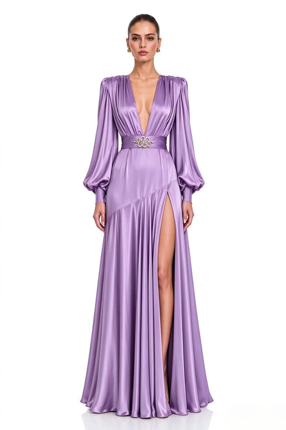 Elegant Floor Length Satin Evening Dress Women Deep V Neck Puff Long Sleeve Maxi Gown For Brazilian Ball Cocktail Party Wedding