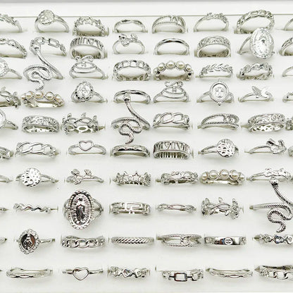 30pcs/Lot Mix Style Pearl Silver Color Finger Rings Animal Snake Chain Hollow Leaf Party Jewelry Girl Love Butterfly Flower Gift