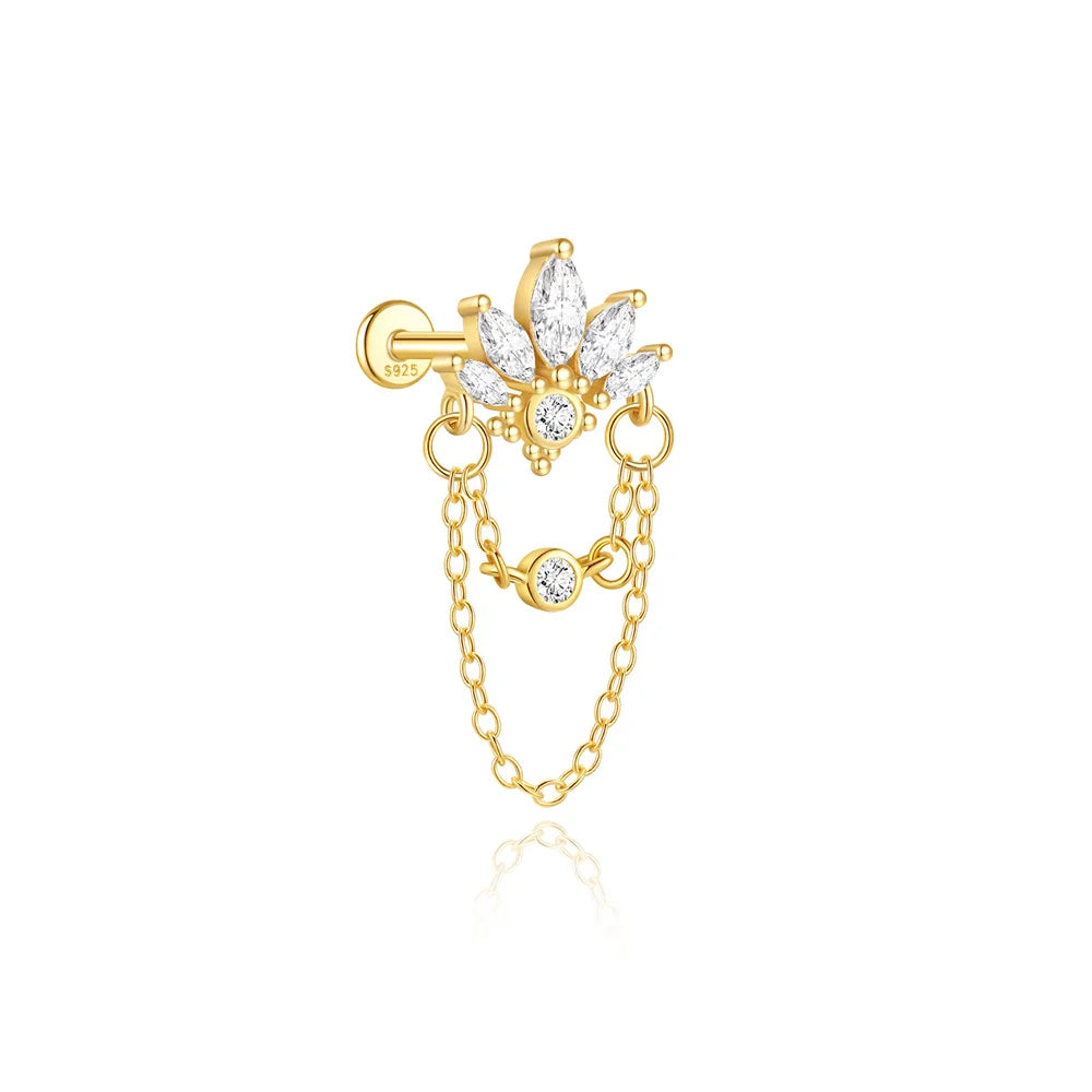 AIDE 925 Sterling Silver Shiny Hollow Lotus Flower Crown Flat Back Internal Thread Piercing Earring For Women INS Dainty Luxury