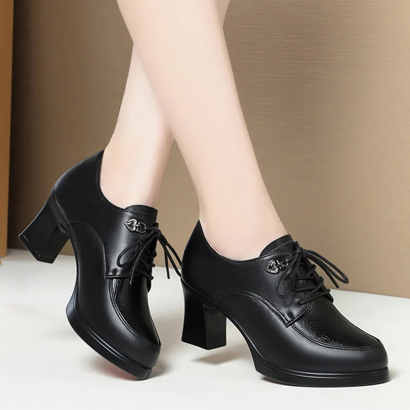 British Style Deep Mouth Soft Leather Oxford Shoes Women's Platform Pumps 2024 Spring Block High Heels Shoes for Office Mom