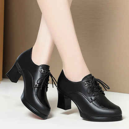 British Style Deep Mouth Soft Leather Oxford Shoes Women's Platform Pumps 2024 Spring Block High Heels Shoes for Office Mom