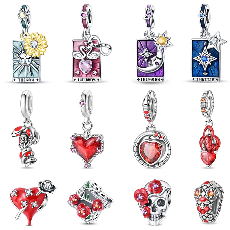 NEW 925 Sterling Silver Fashion Tarot Pendants Mysterious Spirit Snake Skull Rose Charms Beads Fit Qikaola Bracelets DIY Jewelry