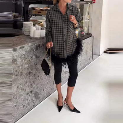 Fashion Lapel Long Sleeve Loose Blouse Elegant Lady Button Casual Tops High Street Commute Style Grid Printed Feather Hem Shirts
