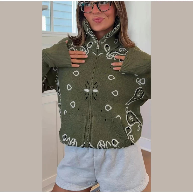 Casual Women's Jacquard Knit Cardigan Loose Stand Collar Zipper Long Sleeve Pockets Sweater 2026 Autumn Lady Vintage Sweaters