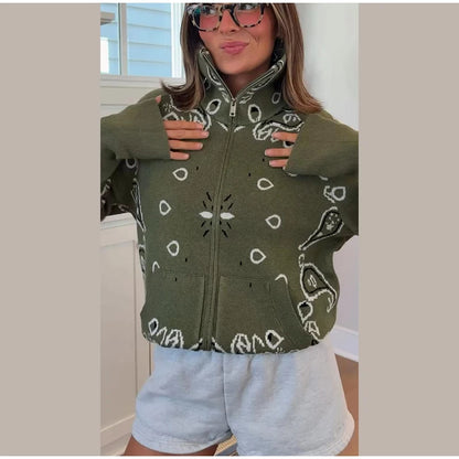 Casual Women's Jacquard Knit Cardigan Loose Stand Collar Zipper Long Sleeve Pockets Sweater 2026 Autumn Lady Vintage Sweaters