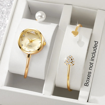 2pcs Exquisite Women Slim Bangle Watch Bracelet Set  Elegant Pearl Ladies Quartz Wristwatches Reloj Mujer（Without Box）