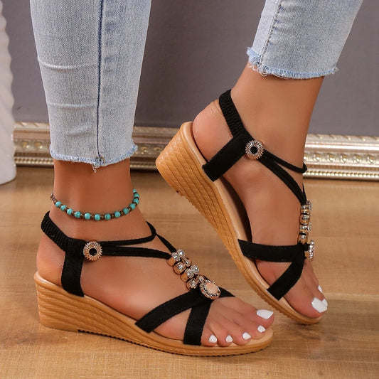 2024 Summer New Versatile Non-Slip Wear-Resistant Sandals Casual Fashion Metal Decorative Wedge Solid Color Sandals for Women