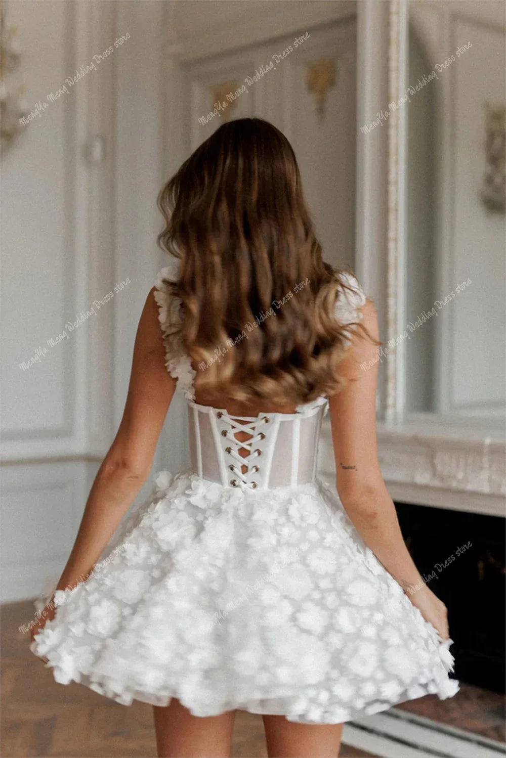 ZHUISHU White Mini Prom Dresses Flower Lace Embroidery Evening Dress Lace-up Spaghetti Strap Party Customized vestidos de fiesta