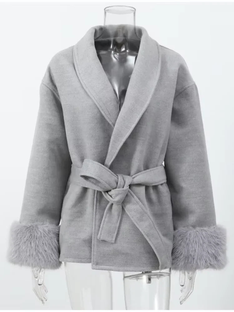 Retro Faux Fur Patchwork Woolen Maxi Coat Women Solid Full Sleeves V-neck Lace Up Loose Coats Lady Winter Commute Outwear New