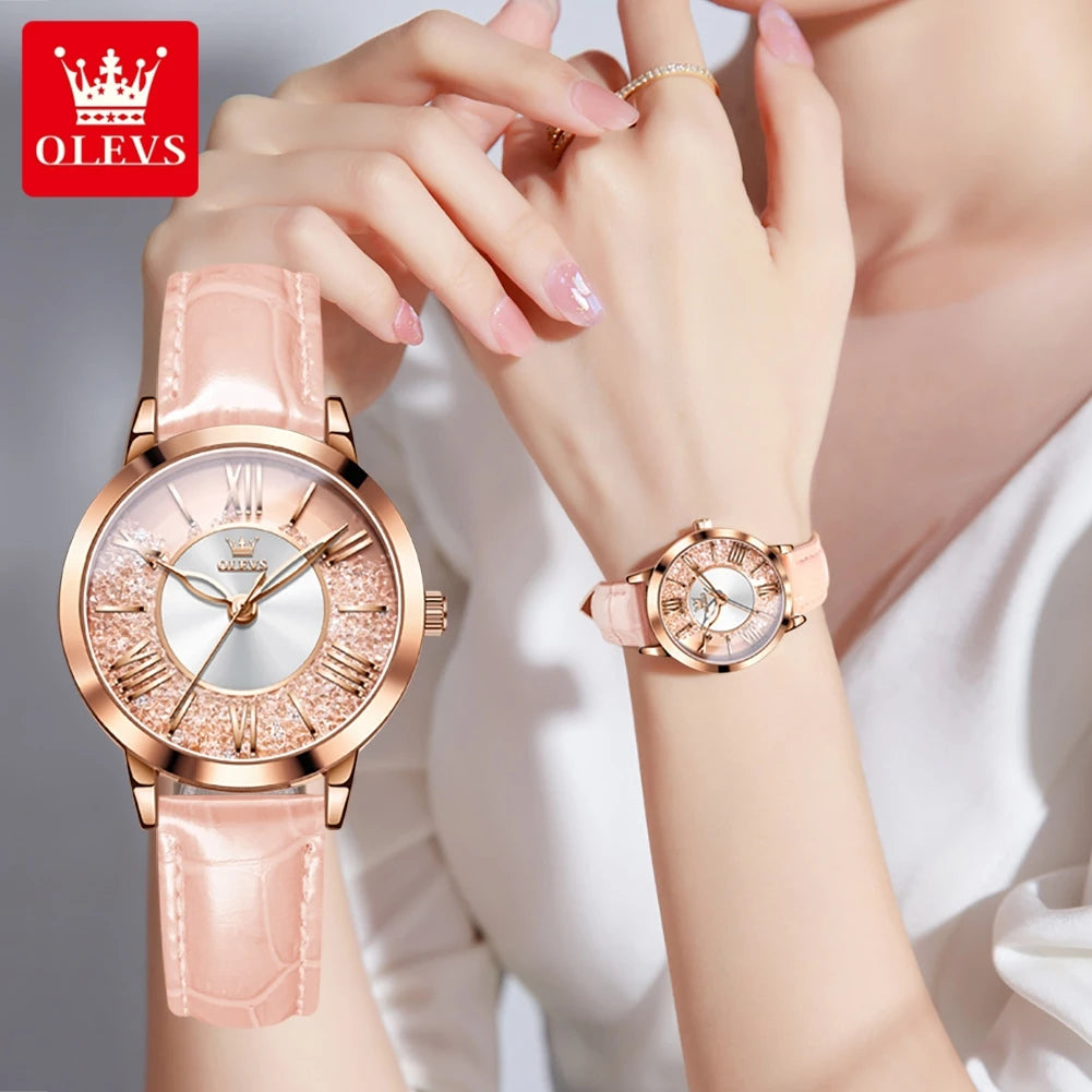 OLEVS Original Pink Leather Watch for Women Elegant Quartz Movement Waterproof Vintage Classic Watch Relojes para Mujer 5539