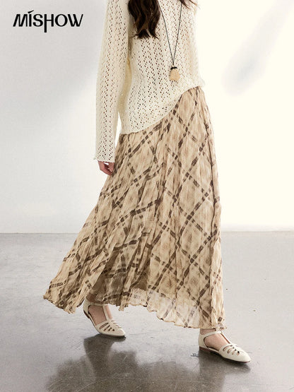 MISHOW Women's Beige Plaid Maxi Skirt 2026 Spring High Waist Flowy A-Line Skirts Elastic Waist Casual Chiffon Skirt MXF108B0769