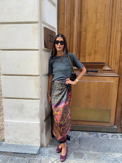 Women's Boho Printed Wrap Midi Skirt Self‑tie Satin High‑waist Split Loose Long Skirts 2026 New Summer Holiday Street Clothes