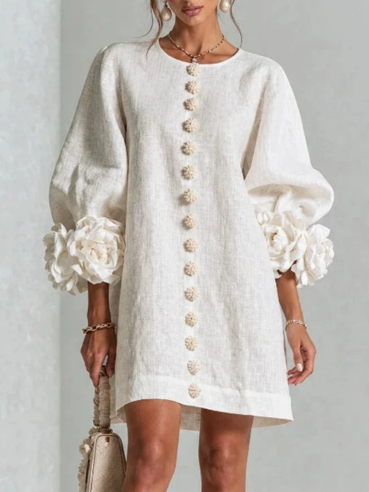 Women Linen Mini Dress O Neck Puff Long Sleeve 3D Flower Cuff Decor Flower Button Loose Casual Short Dresses for Party Vacation