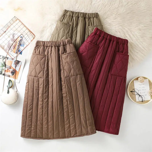 Argyle Cotton Skirt For Women In Winter Windproof Thick And Warm Mid To Long Style A-Line Casual Quilted Skirt Trendy A694