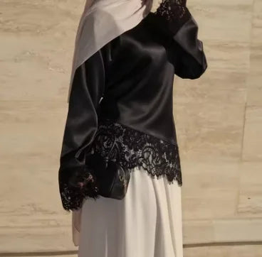 Women Elegant Satin Lace Patchwork Top O-neck Loose Long Sleeves Lace Up Shirt 2026 Female Spring Autumn Lady Chic T-shirt