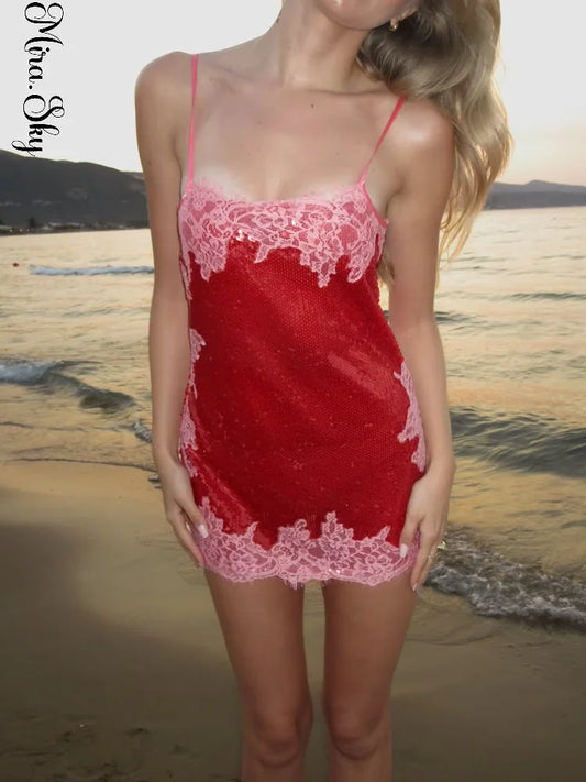 Women Shiny Red Sequins Mini Dress Fashion High Waist Bodycon Short A-line Gown  2026 New Lady Sexy High Street Casual Partywear