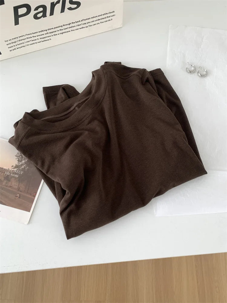 Silk Wool Splice Long Sleeve T-shirt Women Spring Summer Thin Soft Waxy Fit Solid Color Backing Top