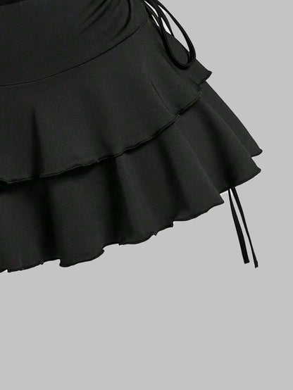 Plus Size Women's Ruffled Mini Skirt High Waist Tiered Layered Drawstring Casual Skirt