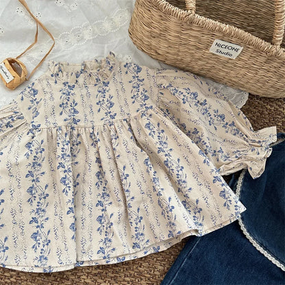 deer jonmi 2026 New Autumn Toddlers Girls Printed Blouses Puff Sleeve Ruched Tops Korean Style Baby Kids Loose Shirts