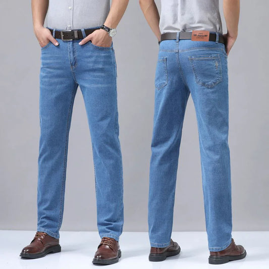 Summer Thin Men's Elastic Cotton Jeans Fashion Sky Blue Comfortable Business Straight Casual Pants Brand Male Clothes Trousers