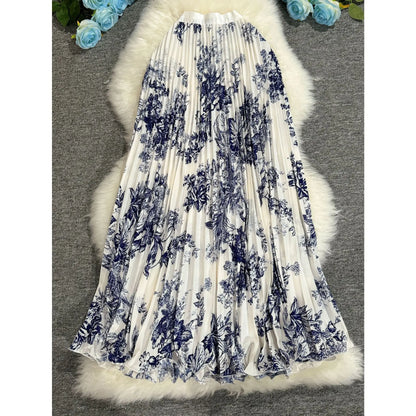 Polka Dot Print High Elegant A-line Pleated Long Skirt For Women 2025 Spring autumn Office Lady Casual Leopard Skirts