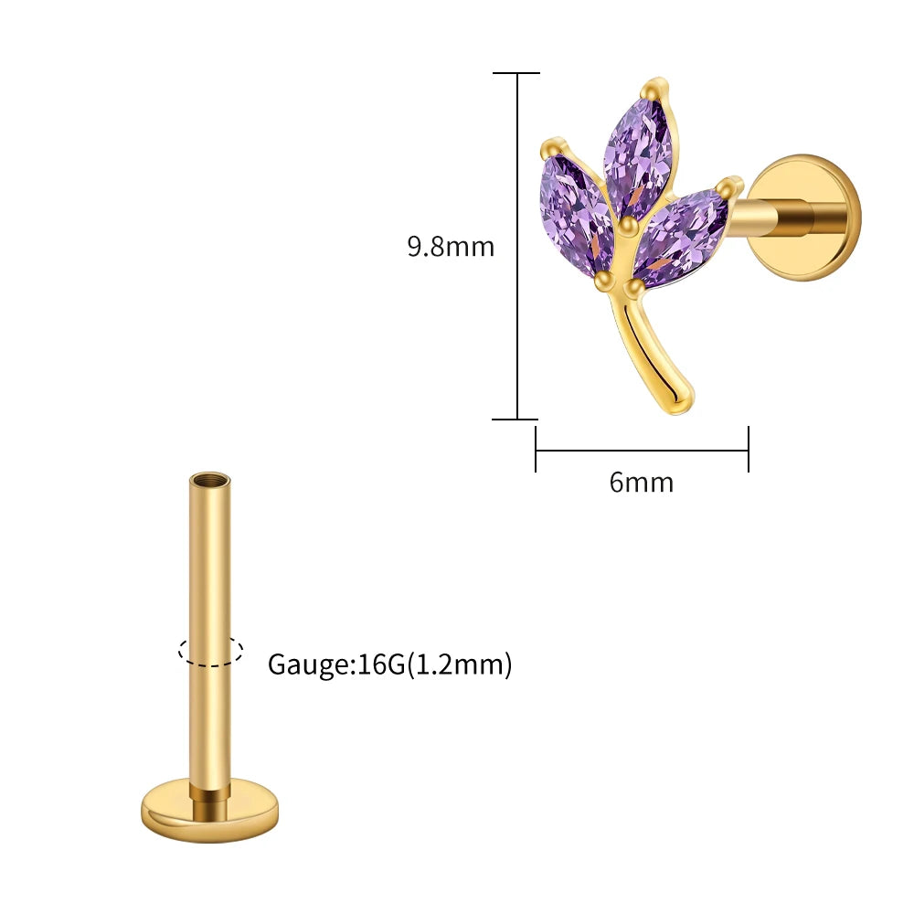 Right Grand ASTM F136 Titanium Triple Marquise CZ Cartilage Earring 16G Dainty Leaf Helix Tragus Stud Ear Piercing Jewelry