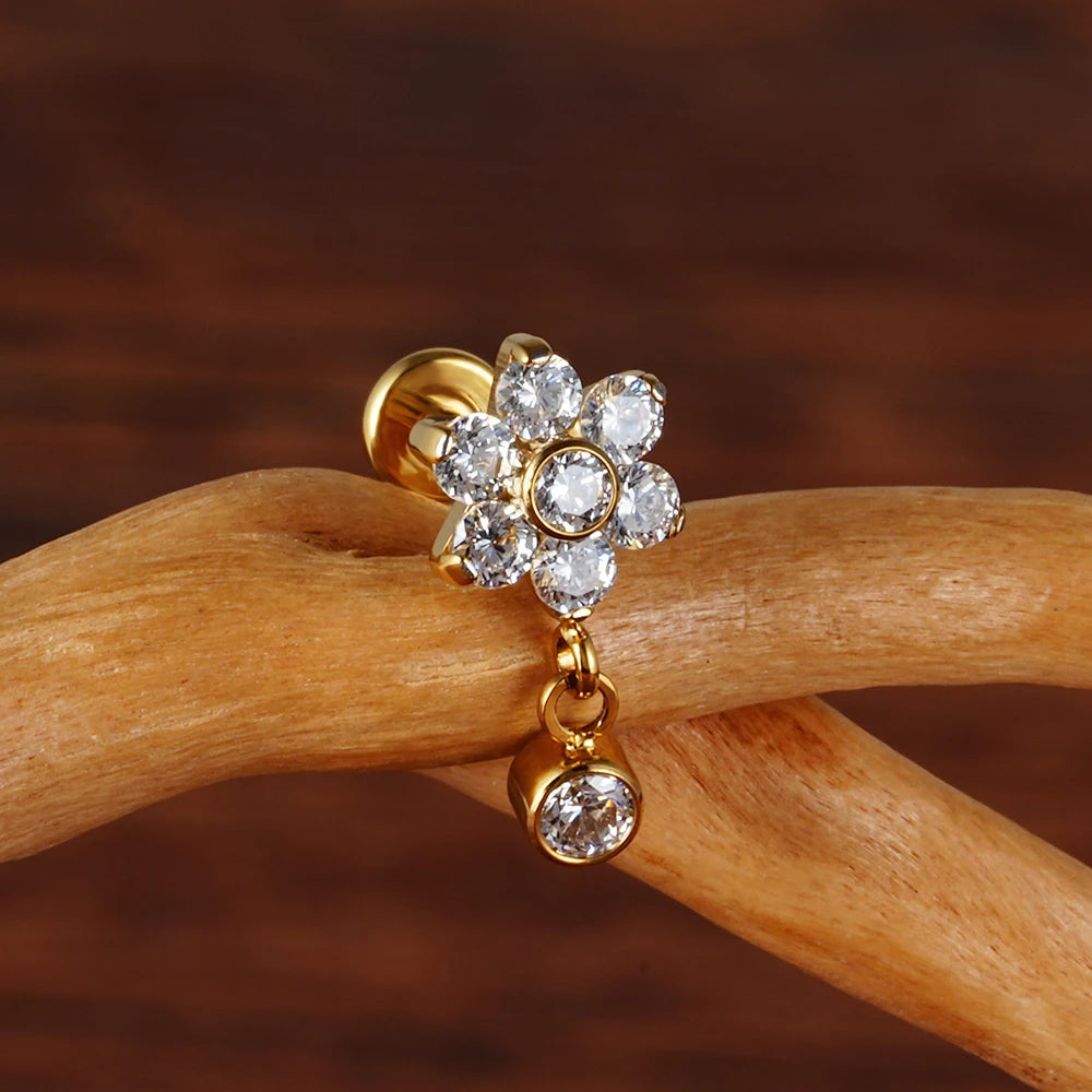 Right Grand ASTM F136 Titanium 16G Flower CZ Drop Dangle Flat Earring Tragus Helix Lobe Stud Piercing Jewelry