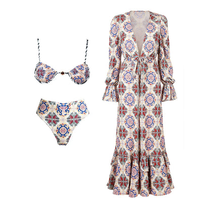 Push Up 2026 New Retro Prints 3 Pieces Bikinis Sets With Mesh Pants Beachwear Sexy Women's Swimsuit Cover-ups Strappy Beach Wear