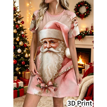 3D Fun Santa Claus Printed New Year Party Dress Women's Short Sleeve Round Leader Casual Loose Mini Dress Vestidos De Mujer