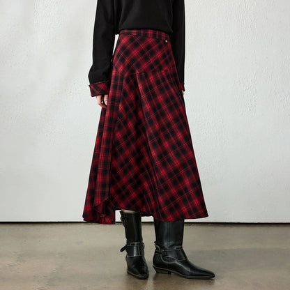 TOYOUTH Womens Midi Skirt 2026 Autumn New Brushed Plaid Irregular Nomadic Style Mid Length Skirt