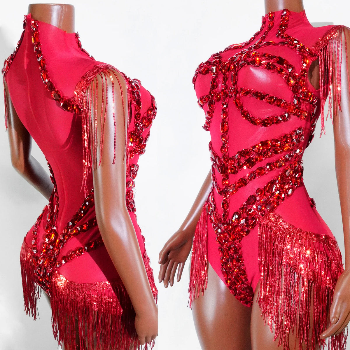 Black Sequins Fringes Leotard Mesh See through Party Bodysuit Women Sparkle Rhinestones Nightclub Prom Gogo Dance Stage Outfits