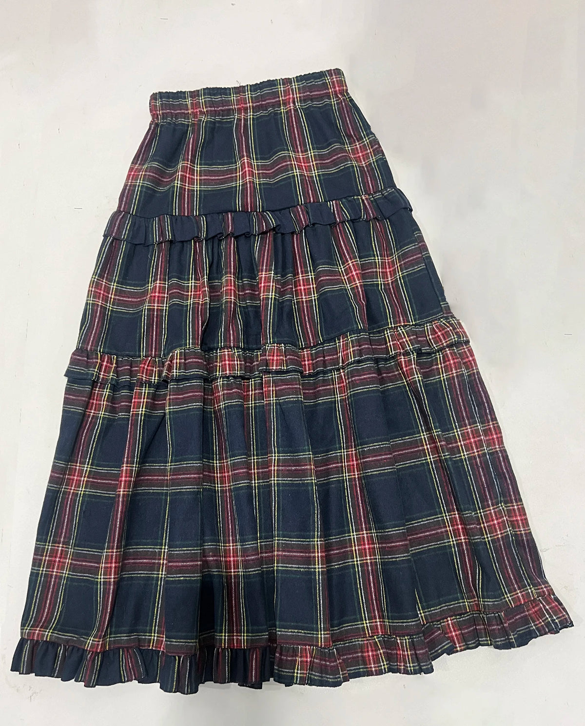 Women's Plaid Maxi Skirt, Ruched & Ruffled Design, Elastic Waist Casual Elegant Long Skirt