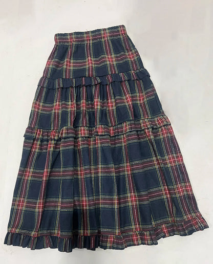 Women's Plaid Maxi Skirt, Ruched & Ruffled Design, Elastic Waist Casual Elegant Long Skirt