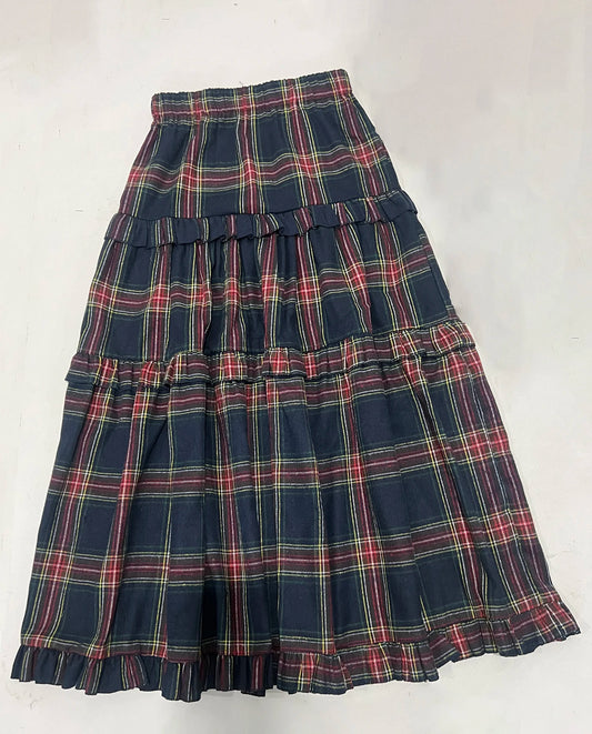 Women's Plaid Maxi Skirt, Ruched & Ruffled Design, Elastic Waist Casual Elegant Long Skirt