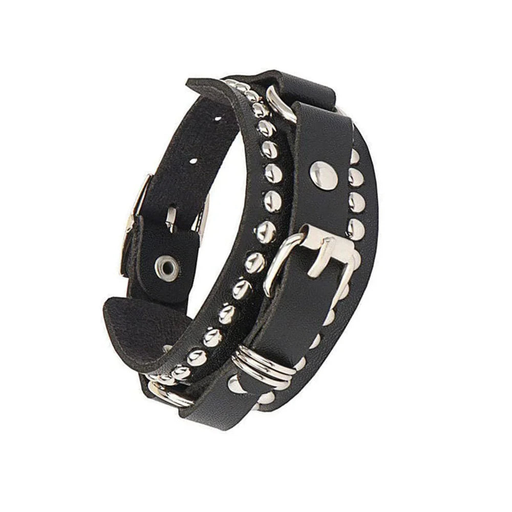 80s Black Round Square Gothic Spike Bracelet Punk Rock Bracelet Studded Faux Leather Bracelet for Men Women