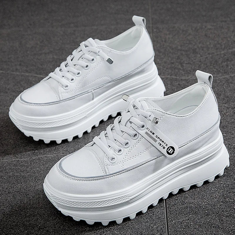 Fujin 5.5cm Genuine Leather Platform Wedge Shoes Chunky Sneaker White Casual Shoes Comfortable Breathable Autumn Autumn Shoes