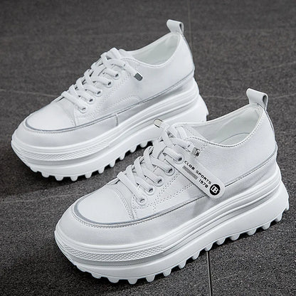 Fujin 5.5cm Genuine Leather Platform Wedge Shoes Chunky Sneaker White Casual Shoes Comfortable Breathable Autumn Autumn Shoes