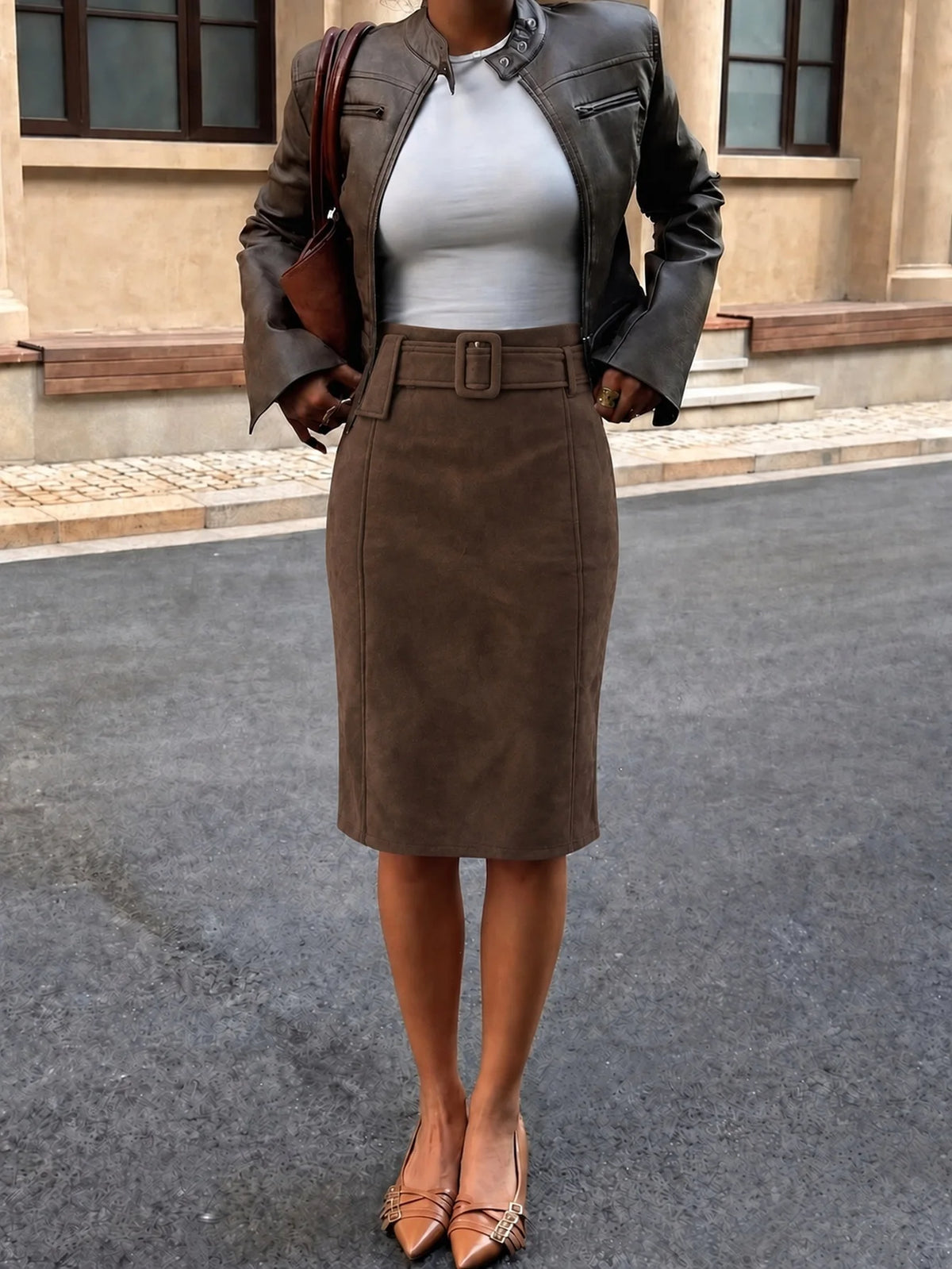 Vintage Faux Suede Midi Skirt Women's High Waisted Belted Straight Skirt Knee Length 2026 Fall Winter Office Lady Brown Skirts