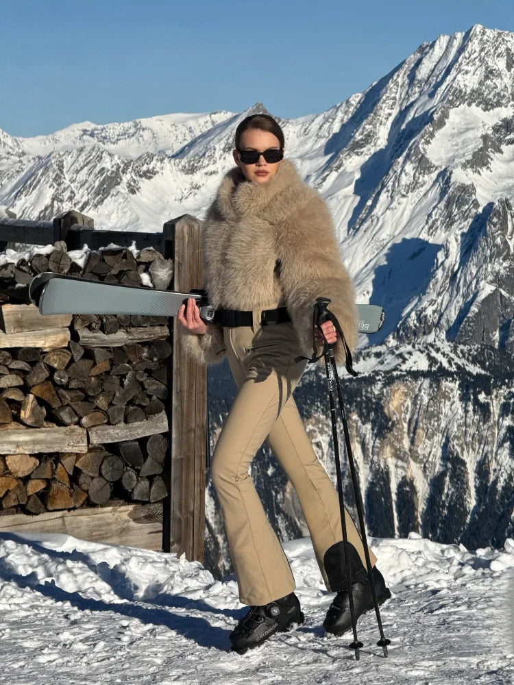 Thicken One-piece Ski Suit Women Faux Fur Hooded Tassels Coat High Waist Belt Jumpsuit 2025 Winter Windproof Waterproof Skiwears
