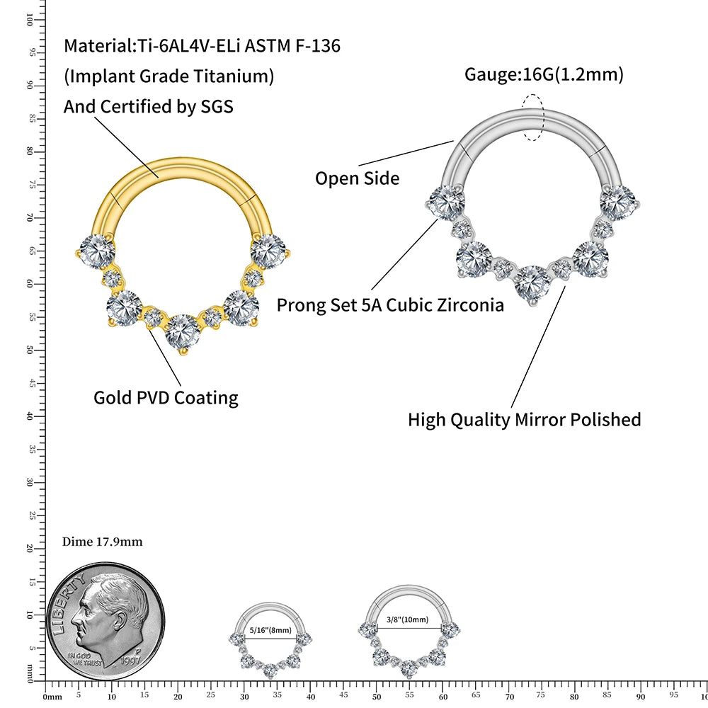 Right Grand ASTM F136 Titanium 16G Hinged Daith Earring Segment Hoop 8mm/10mm CZ Septum Clicker Nose Ring Piercing Body Jewelry