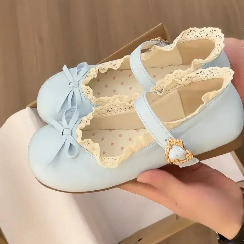 Women's Fashion Single Shoes Spring New Round Head Shallow Mouth Butterfly Knot Metal Buckle Soft Sole Non-slip Flat Shoes