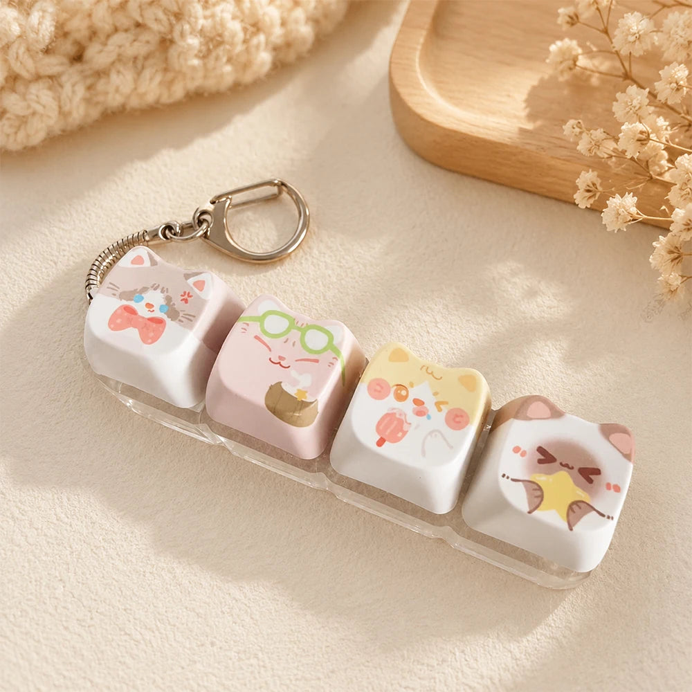 Cute Cat Relax Button Keycap, Kawaii Cat 4-Key Keyboard Fidget Toy for Friends Gift, Portable Fidget Keychain Fashion Bag Charm