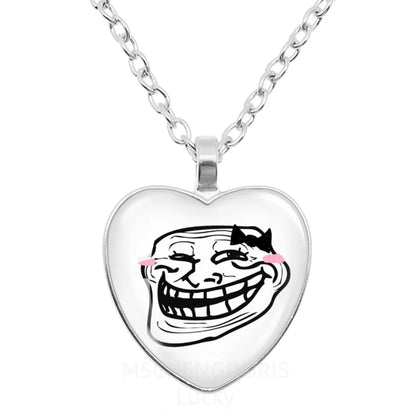 Rage Comic Necklace Derp Face Trollface Funny Meme Cartoon Glass Heart Shape Pendant Chain Necklace Charm Jewelry Collect Gift