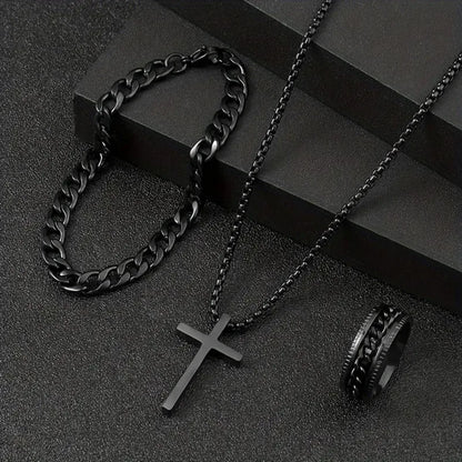 Hip Hop Fashion Cross Pendant Necklace Bracelet Chain Ring Men's Set Simple Personality Party Three Piece Jewelry Accessories
