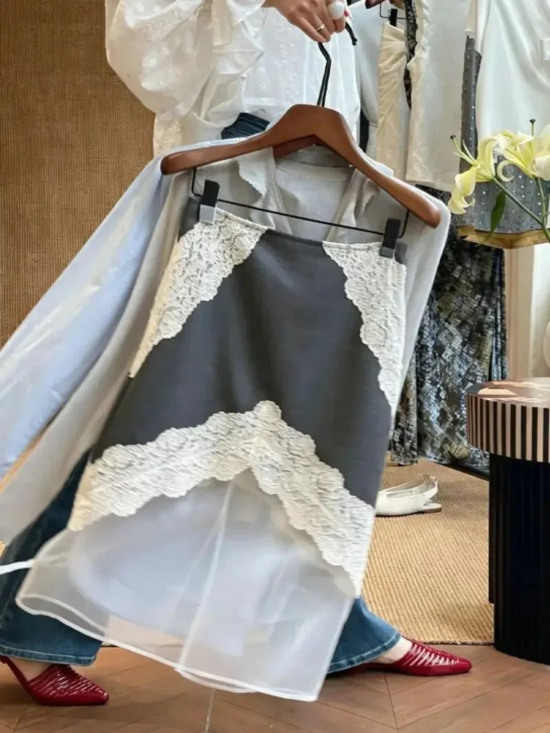 New Elegant Summer Thin Skirt Women Fashion Slim Splice Mesh High Waist Patchwork Lace Casual Breather Office Lady Skirts Jupe