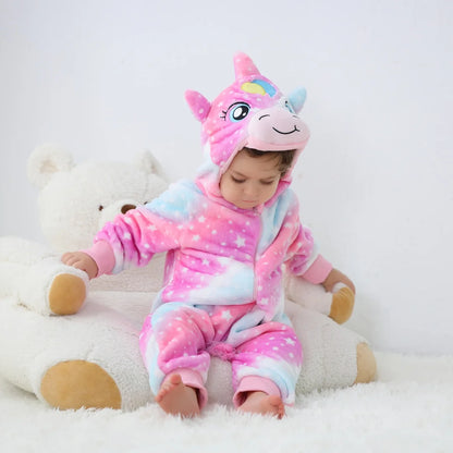 Unicorn Baby Jumpsuits with Hat Flannel Toddler Rompers for Boys Girls Long Sleeves Onesies Soft Breathable One-Piece Pajamas